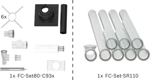 Zusammenstellung von Bauteilen für Abgasführung. Enthält Rohre, Verbindungsstücke und eine Abschlussplatte. Produkte von Bosch für den sicheren Betrieb.